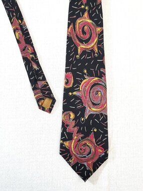 Vtg Perry Ellis Portfolio Silk Tie Abstract Geometric Art Deco Black Red Gold